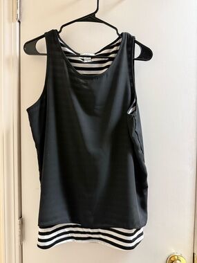 Bar III Black Layered Tank with Black and White Striped Innerlayer